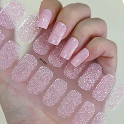 16Tip Pink French Glitter Foil Gel Nail Wraps UV Semi-Cured Full Cover Nail Patch Strip Sticker UV LED Lamp Gel Nail Polish Wrap