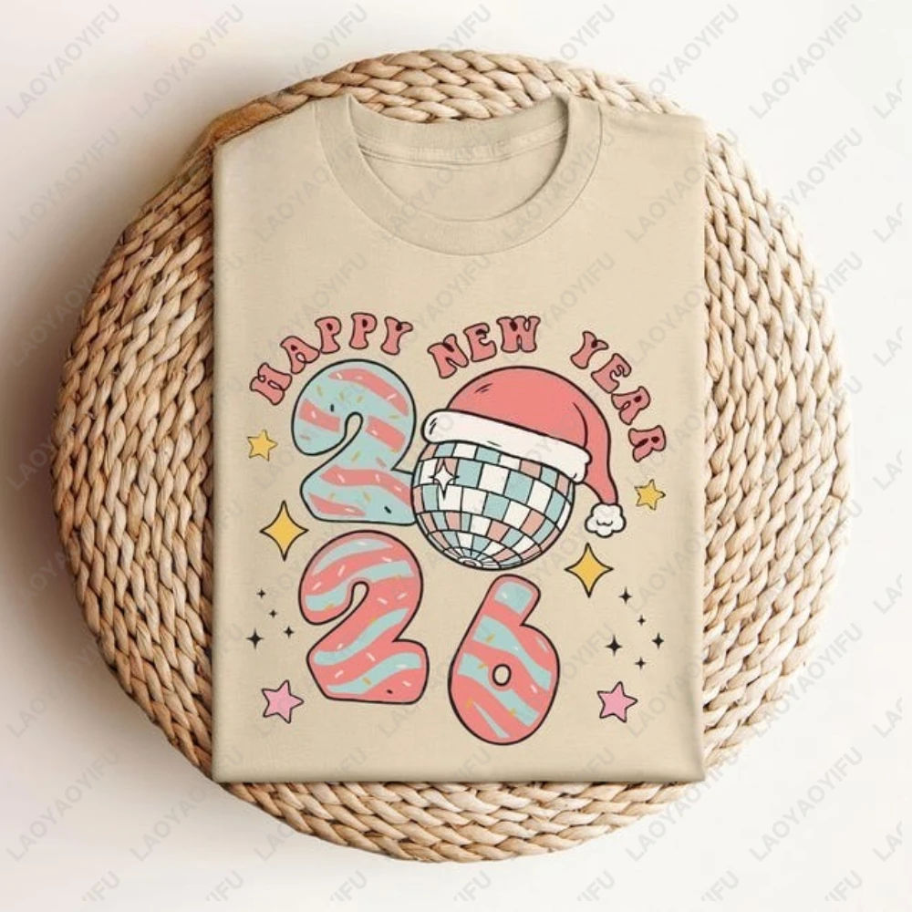Happy New Year 2026 Disco Ball Christmas Graphic T Shirts for Women Men Clothing Hoppy Xmas Vacation Party Gift Short-sleev Tops