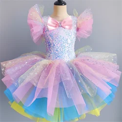 New Ballerina Fairy Prom Party Costume Kids Blue Sequined Flower Dress Girls Dance Wear Gymnastic Ballet Leotard Tutu Dress