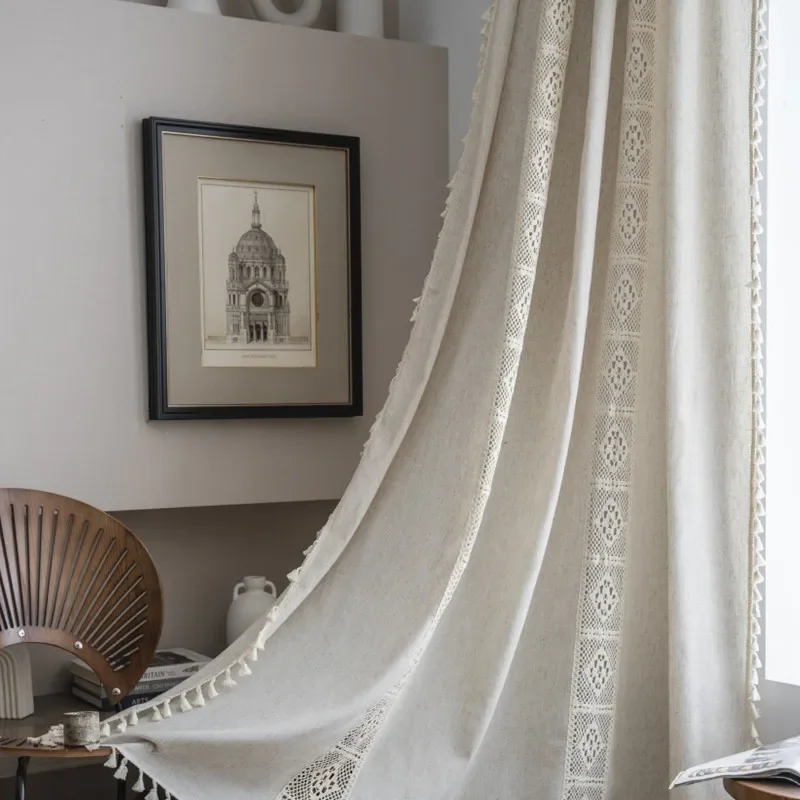 

Boho Stripe Cotton Linen Thick Window Curtain with Tassels Blackout Valance for The Luxury Living Room Curtains for Living Room