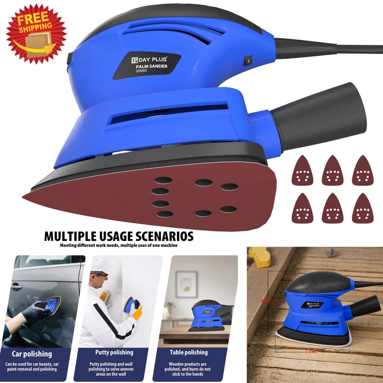 DayPlus Detail Sander, 130W Compact Sander Machine 12000RPM, Random Orbital Electric Sander, 6PCS Sandpapers, Wood Hand Sander