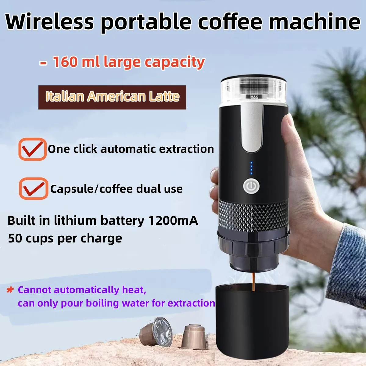 

Portable Capsule Coffee Machine Electric Coffee Maker Coffee Bean Grinder Wireless Espresso Maker for Camping Travel Home Office