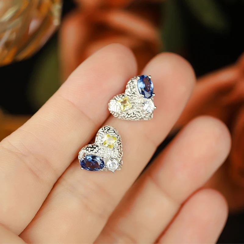 Creative and Authentic S925 Silver Hip-hop Cool Heart-shaped Colorful Diamond Earrings Women\'s Jewelry Niche Design