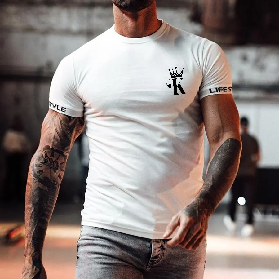 Men\'s Fashion T-shirt Letters K Fitness Casual Tops Male Breathable Printed Short Sleeve Street O Neck Quick Dry Oversized Tees