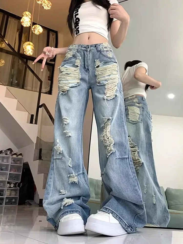 Calças Jeans Rasgadas Modernas de Perna Reta e Larga, Estilo Casual e Slimming High Street para Homens e Mulheres