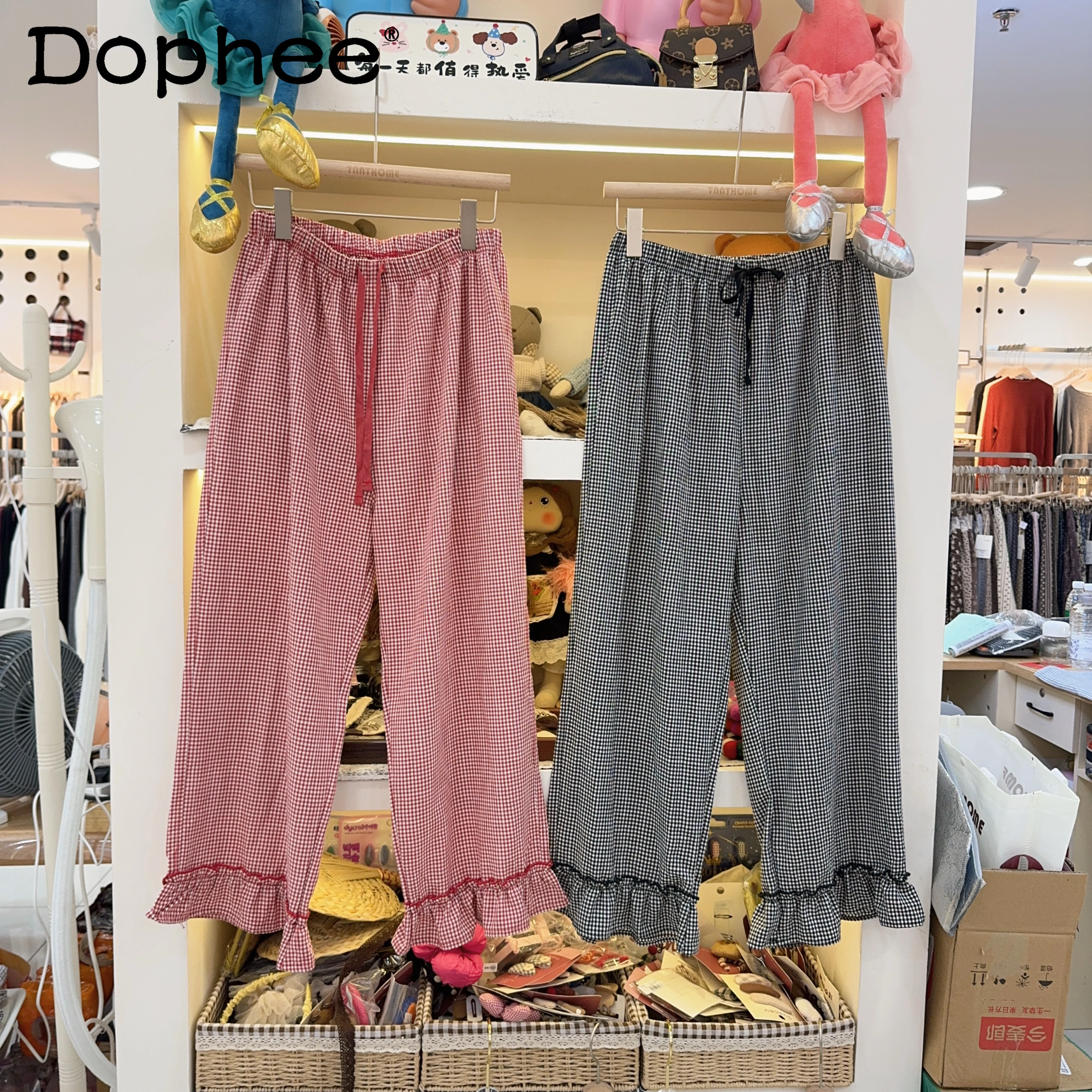 

Осенние новые милые клетчатые длинные пижамные штаны в японском стиле для женщин, свободные повседневные удобные широкие домашние брюки из чистого хлопка