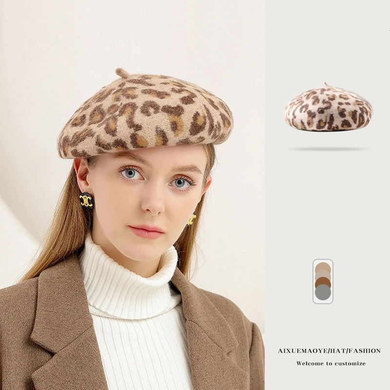 

Beret Caps For Women Freeshipping Sombrero Chapeau Hat Accessories Beanies Leopard Wool Autumn Winter Gorros Warm 0982