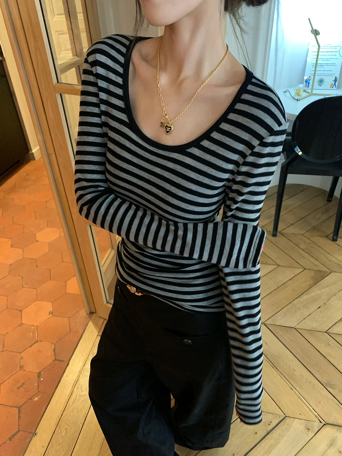 

Women's Long Sve Wool T-irt round Ne Vintage Striped Base Layer Top Casual Sle Loose Fit Autumn Winter New Arrival