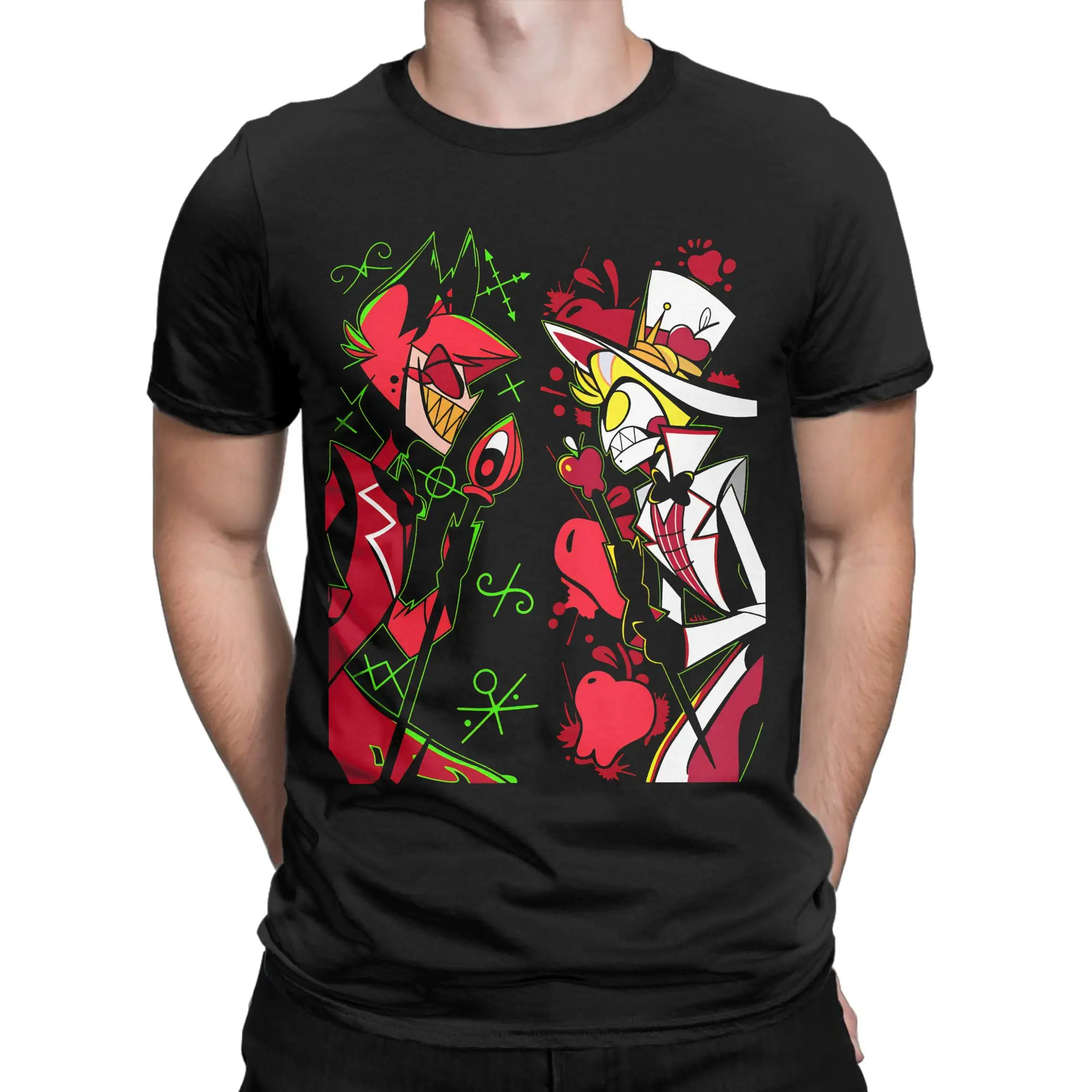 Men's T-Shirt Anime Hazbin Hotel Alastor VS Lucifer Funny Cotton Tee Shirt Short Sleeve  T Shirt Crewneck Clothing Classic