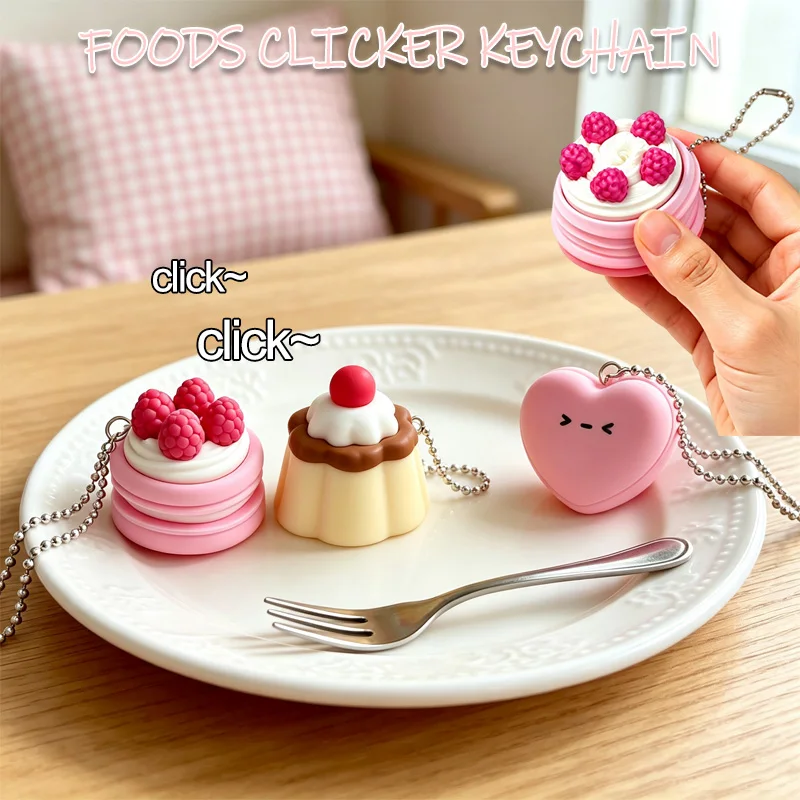 3D Printed Food Clicker Keychain Simulation Cake Pendant Sensory Fidget Button Keyring Christmas Party Favor Birthday Gift