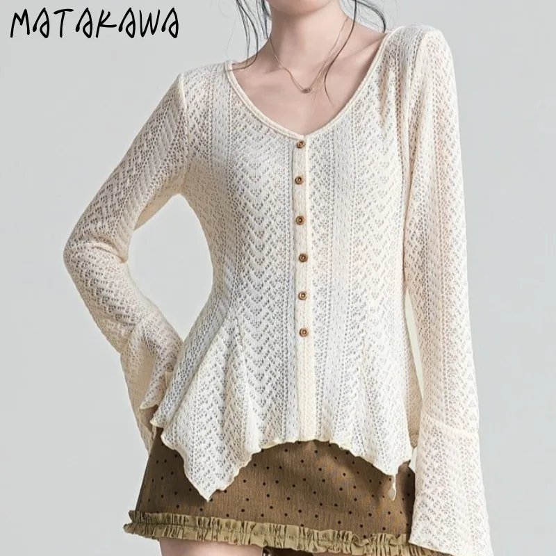 

Matakawa Hollow Out Y2k Woman Sweaters Flare Sleeve Spring Autumn Solid Cardigans Fashion Vintage Irregular Sueter Mujer