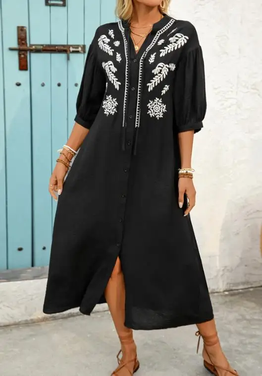 

Women's Dress Summer New Plant Print Elegant Vacation Casual Button Front Seven Quarter Sleeve Straight Tube Loose Long Dress