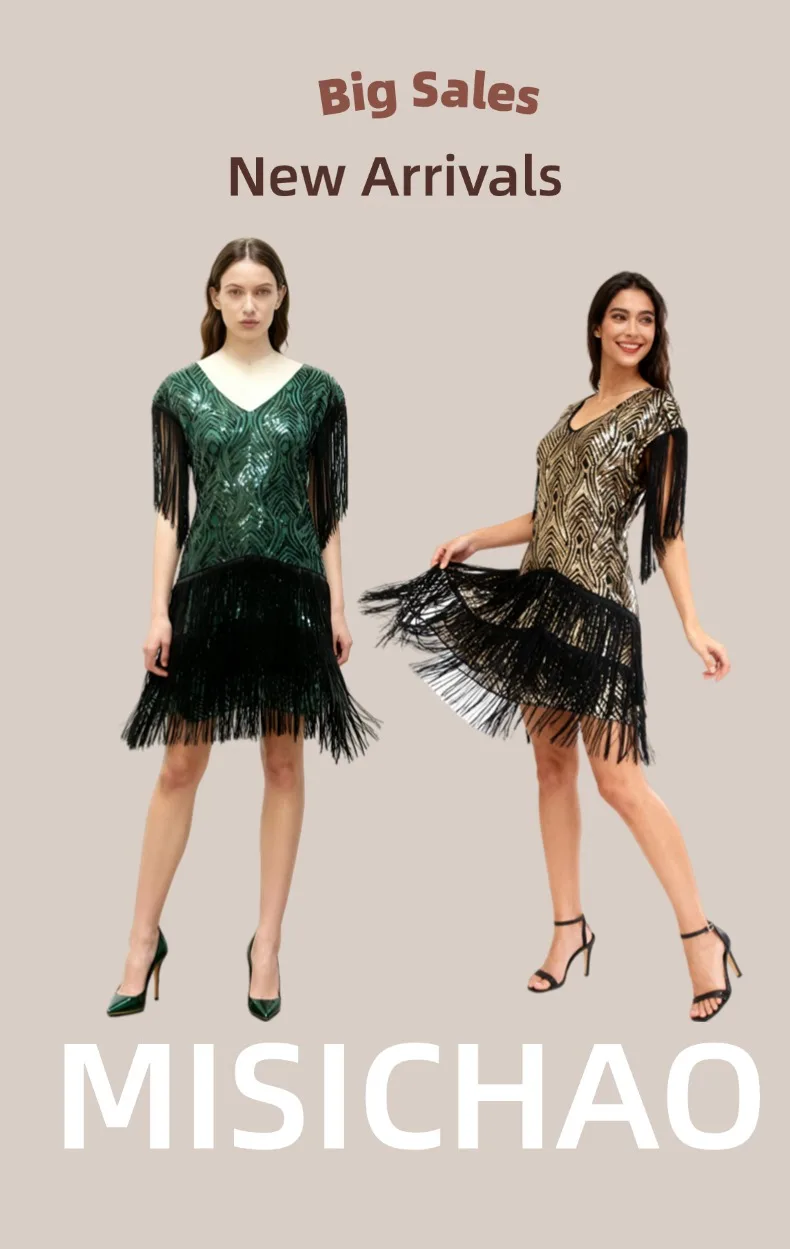MISICHAO Best Seller 1920s Gatsby Style Sequin Fringe Dress for Women Vintage Glitter Tassel Party Cocktail Evening Dance