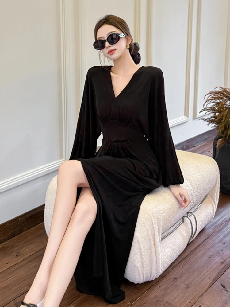 Ropa de mujer, Vestido largo ajustado con manga de murciélago negro y cuello en V, ropa de calle Retro elegante a la moda, Vestido informal para fiesta y graduación, Vestido de mujer