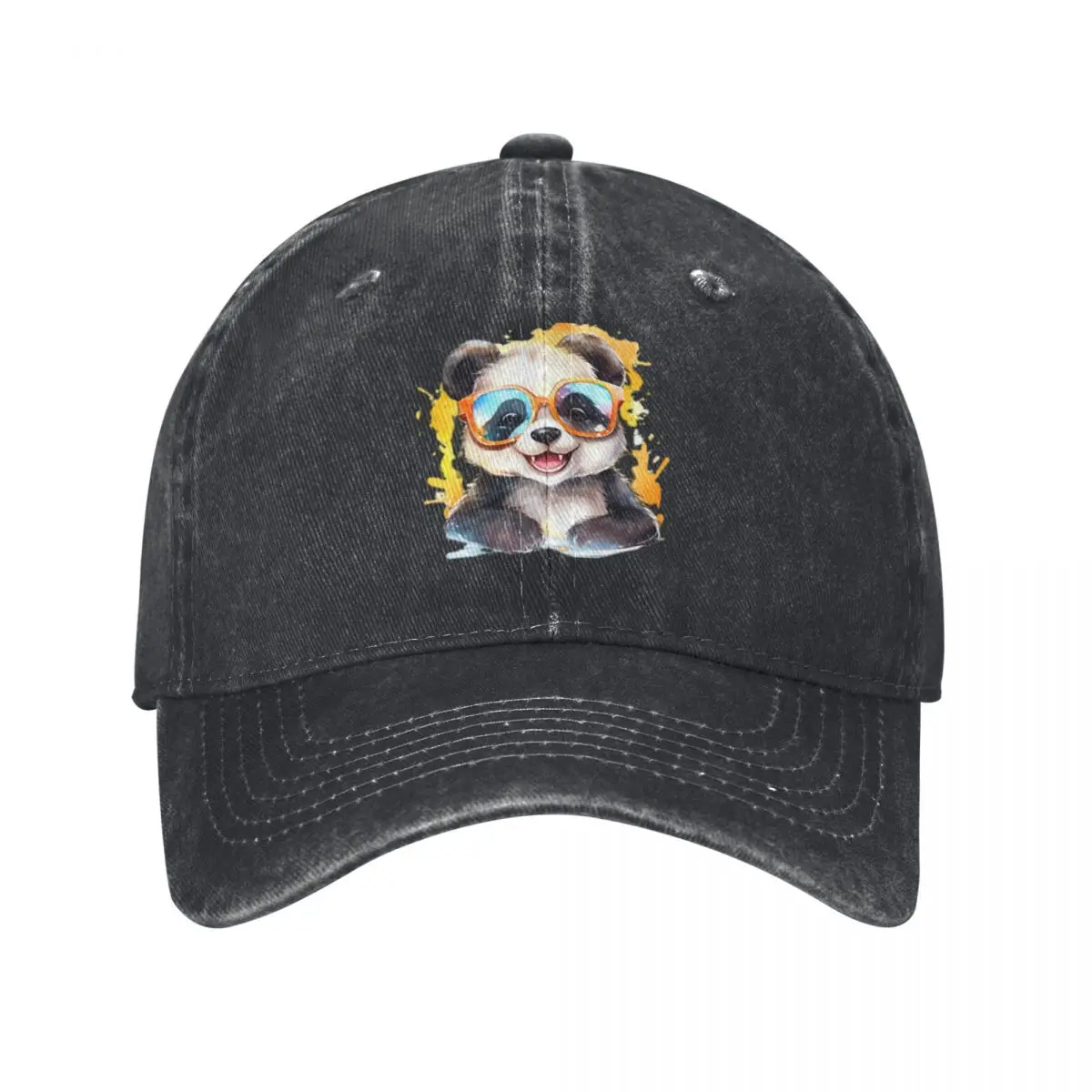 Happy Cute Panda With Sunglass Baseball Caps Vintage Denim Washed Headwear Unisex Style Outdoor Running Hats