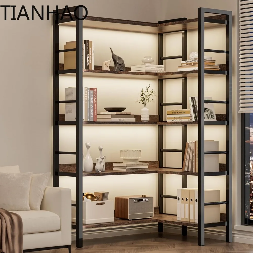 5 Tier Bookshelf with LED Light, L Shaped Corner Book Case with 10 Open Shelves, 50 Inch Straight Wide Bookcase with Adjustable