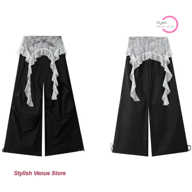 American fashion Joker lace stitching loose fart curtain casual pants women's summer temperament casual fake two wide-leg pants