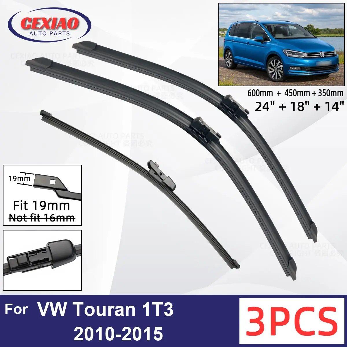 

For VW Touran 1T3 2010-2015 Car Front Rear Wiper Blades Soft Rubber Windscreen Wipers Auto Windshield 24"+18"+14" 2012 2013 2014