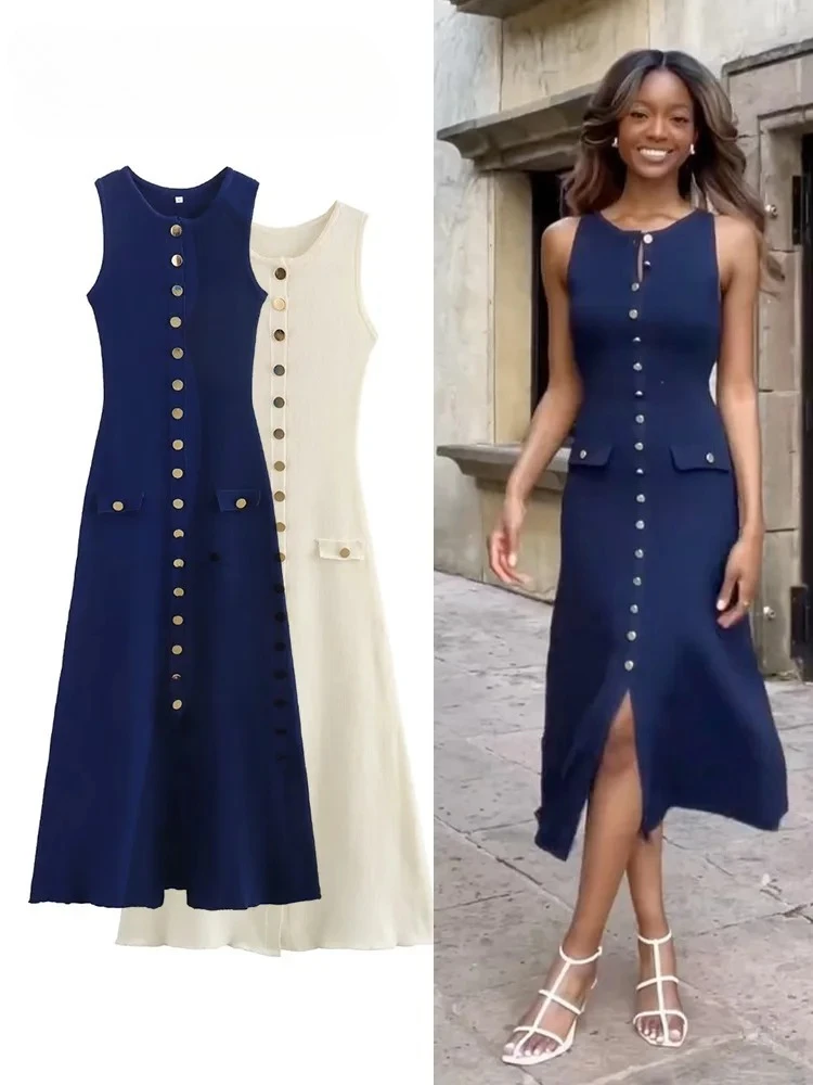 

2025 Summer New Fashion Knitted Dress Single Breasted A Line Strapless Midi Dresses Women Solid Elegant Female Vestidos