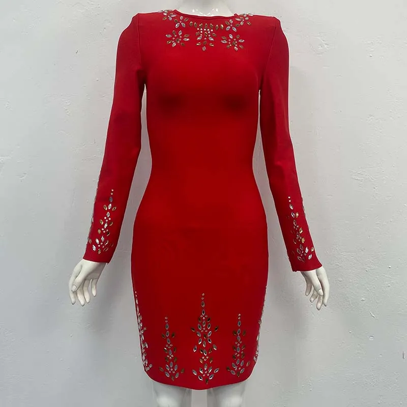 

Элегантное короткое платье с круглым вырезом и длинными рукавами, украшенное роскошными стразами, модная блестящая мини-юбка для вечеринок и торжественных мероприятий.