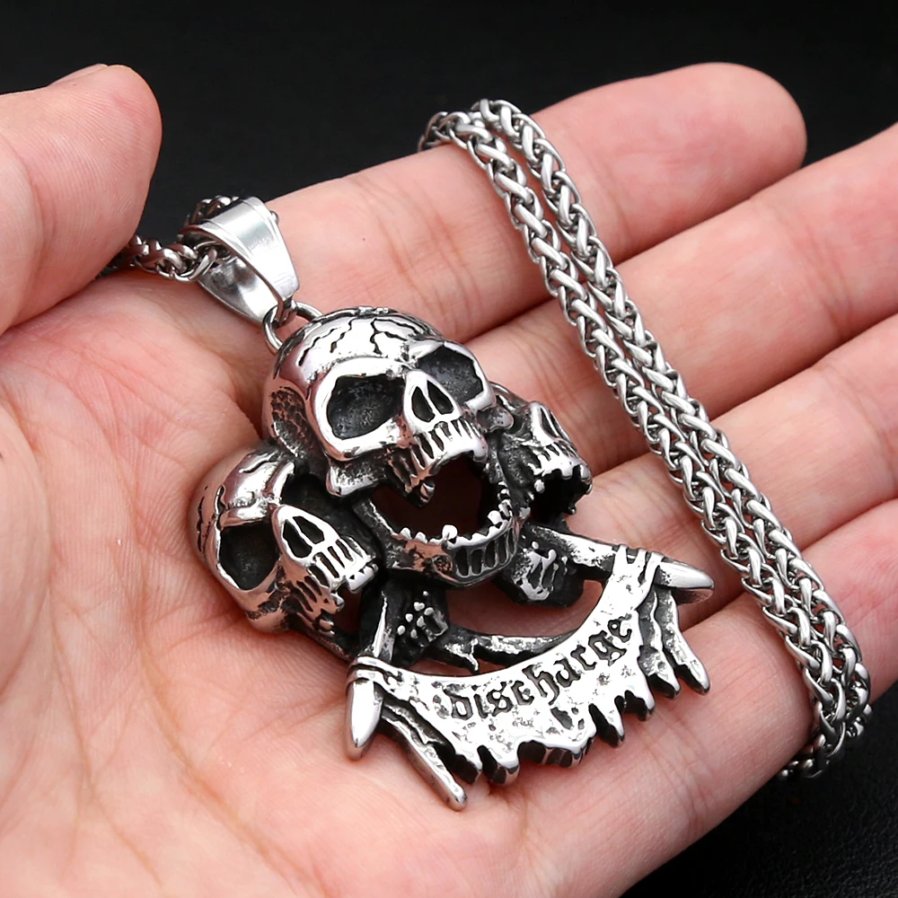 Vintage Three Skulls Dagger Pendant Necklace Stainless Steel Gothic Biker Banner Charm Unisex Retro Punk Hip Hop Jewelry Gift