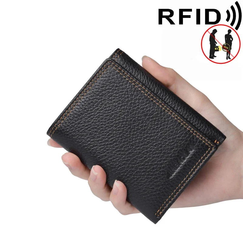 Genuine Leather Men's Coin Purse RFID Blocking Trifold Man Business Card Holder Money Bag Vintage Big Wallet Male