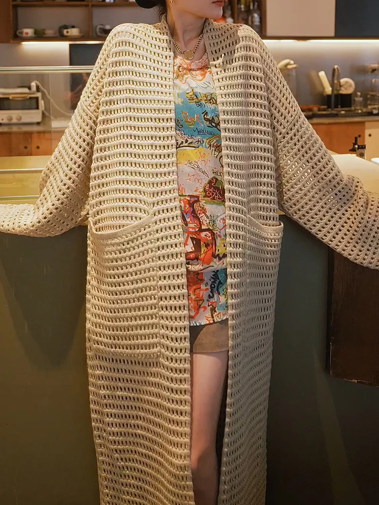 

Korean Sle Long Hollow out Knitted Open Cardigan Autumn New plus Size Ele Versatile Slimming Top Warmth Heating Long Sl...