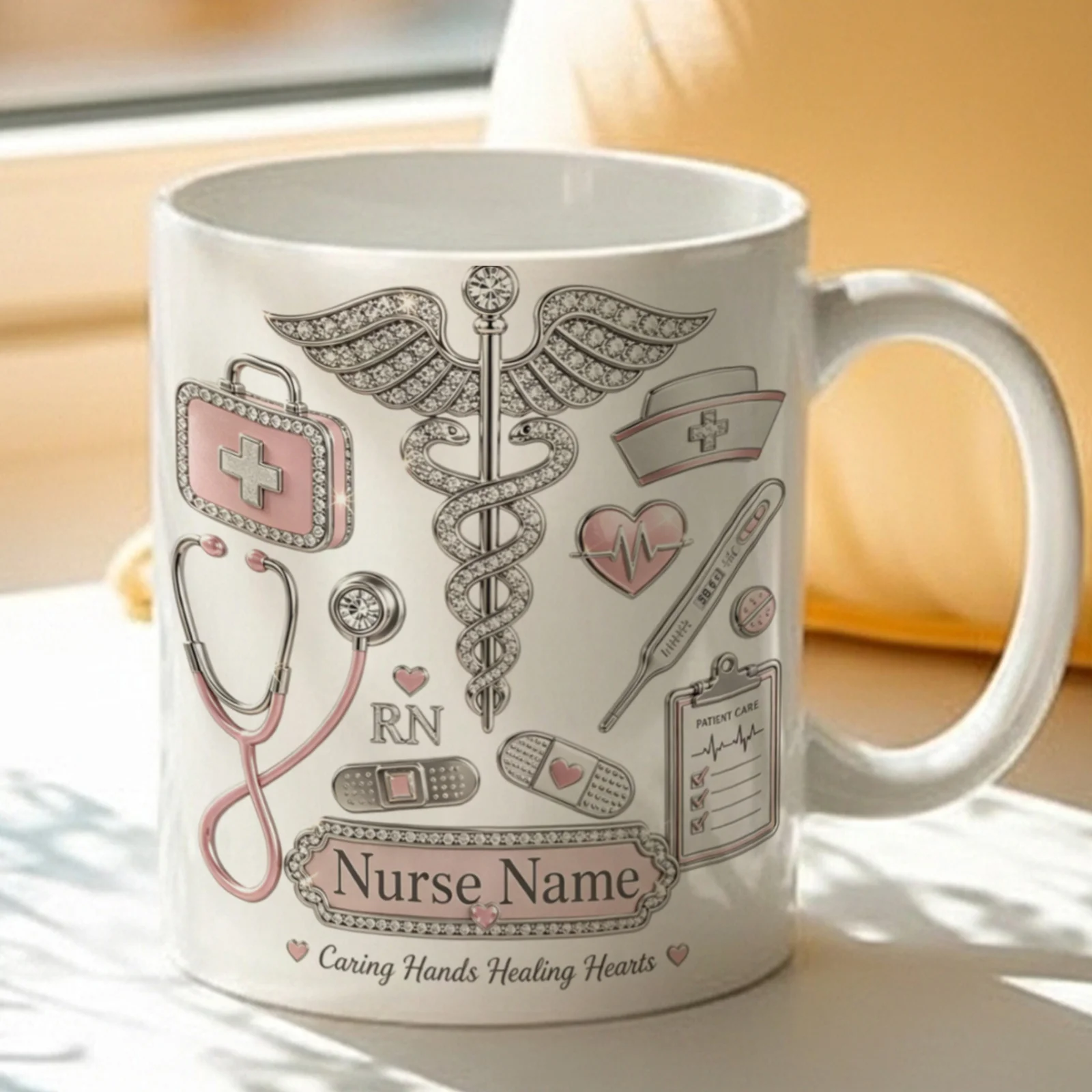 Custom Registered Nurse Coffee Mug Pink Rhinestone Medical Pattern Gift for Nurse Graduation Birthday Christmas