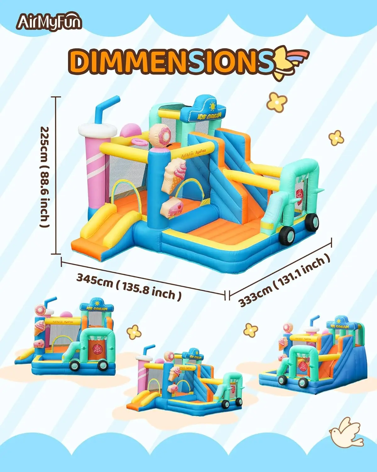 Casa inflable de rebote para niños grandes de 8 a 12 años, castillo hinchable para niños de 3 a 6 años, casa hinchable con tema de helado de doble diapositiva