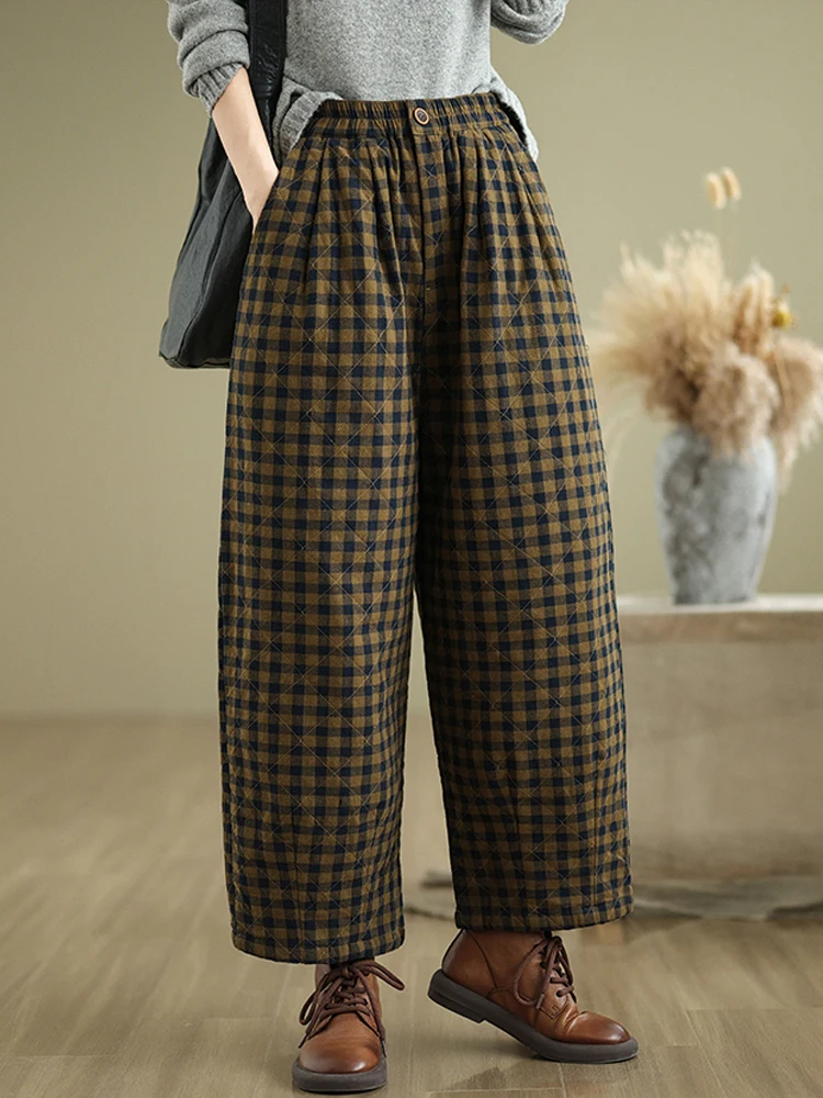 

Fashion Women Trousers 2025 New Autumn Winter Vintage Literary Plaid Harem Pants Casual Loose Thick Warm Straight Pants Pantalon