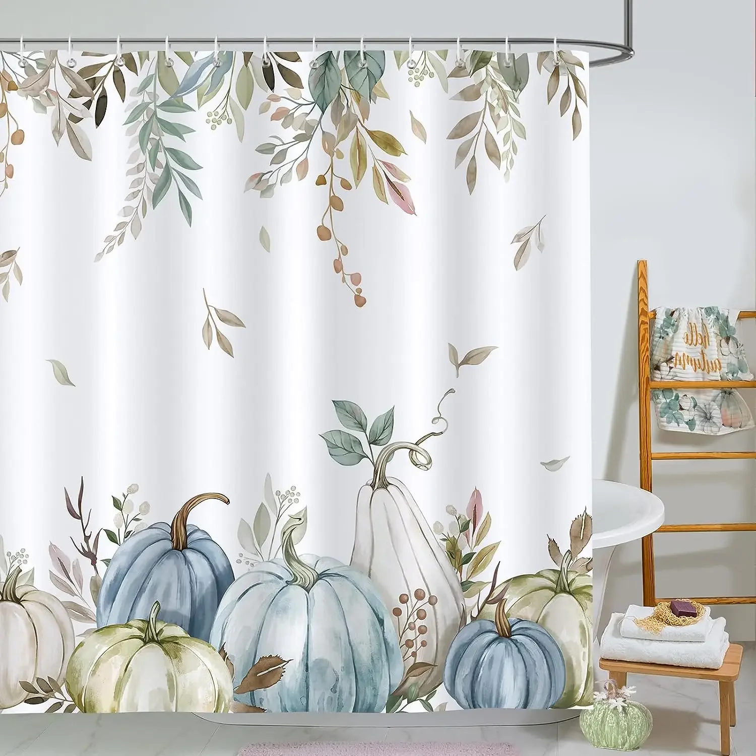 Herbst-Kürbis-Duschvorhang, Herbstblätter, Thanksgiving, dekorativ, waschbar, Badvorhang, Polyesterstoff, für Zuhause, Badezimmer, Vorhang