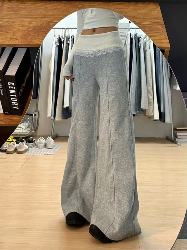 HOUZHOU Gray Lace Patchwork Women Pants Wide Leg Korean Fashion Sweatpants Solid Color Straight Trousers Baggy Basic Casual