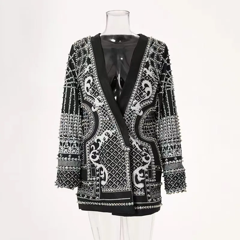 2025 French Retro V-Neck Long Sleeve Thickened Mid-Length Beaded Print Embellished Blazer Outerwear for Women