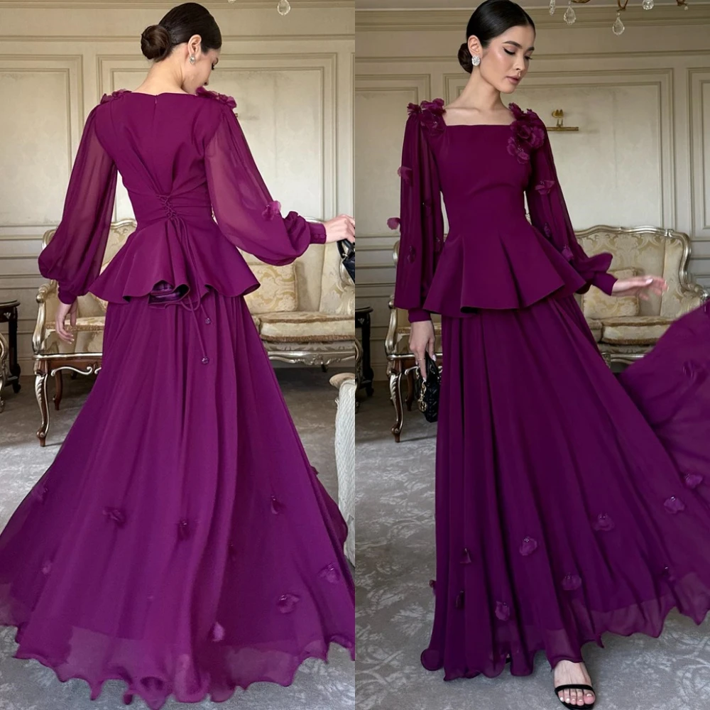 

Customized Romantic Chiffon Evening Dresses Exquisite Square Collar Celebrity Gowns Luxury Sweep Train Homecoming Dresses