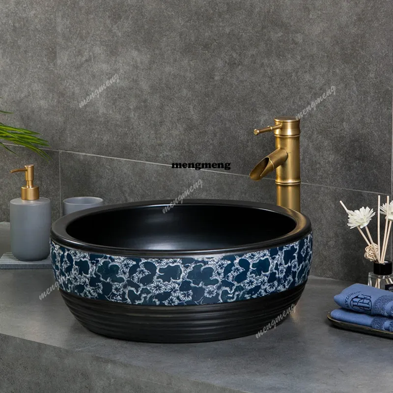 

Сине-белый настольный умывальник, небольшой круглый умывальник для домашнего использования, одинарная раковина на открытом воздухе