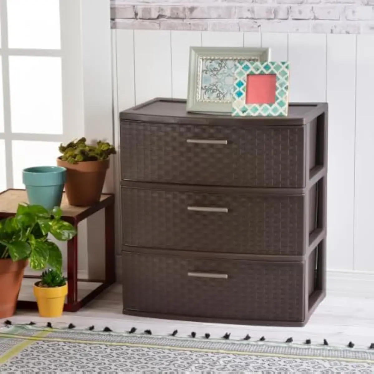 Wide 3-Drawer Stackable Storage Tower with Woven Texture Finish in Dark Brown Tone Measures 15.875 x 21.875 x 24 Inches Interior