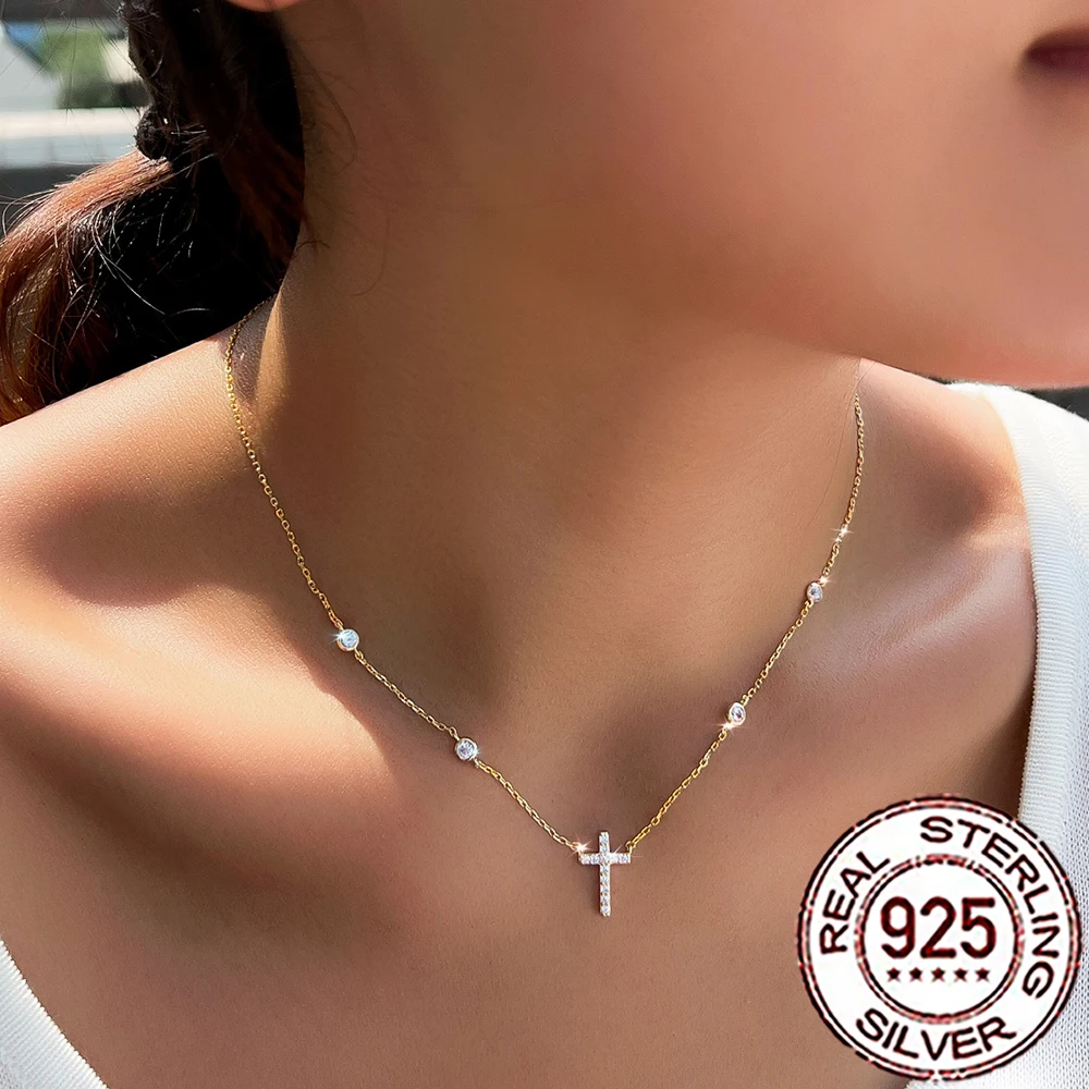 CWWZircons Halskette mit Anhänger aus 925er-Sterlingsilber, eleganter Zirkonia, Kreuzform, für Damen, Jahrestag, edler Schmuck, Geschenk SD057 – Detail 6