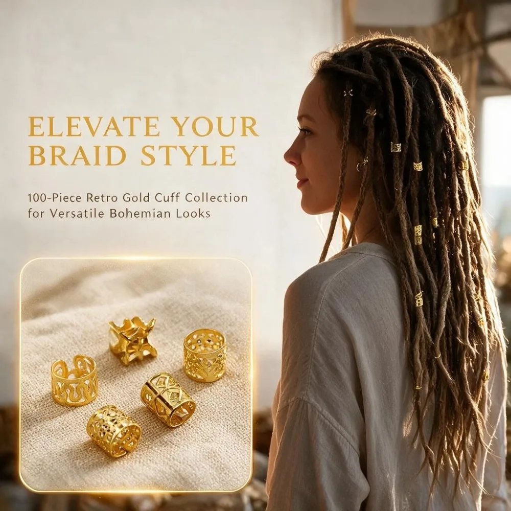 For Braids & Dreadlocks Decorative Ring Headpiece 100 Gold Hair Cuffs, Aluminum Dread Locks Jewelry Rings & Beads