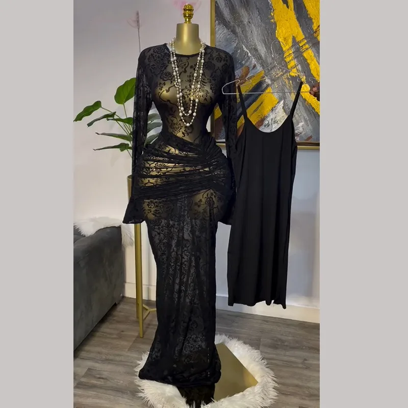 Abito da festa maxi aderente con volant in rete trasparente con stampa floreale + abiti con camicette Abito da sera sexy a maniche lunghe svasato con scollo a O