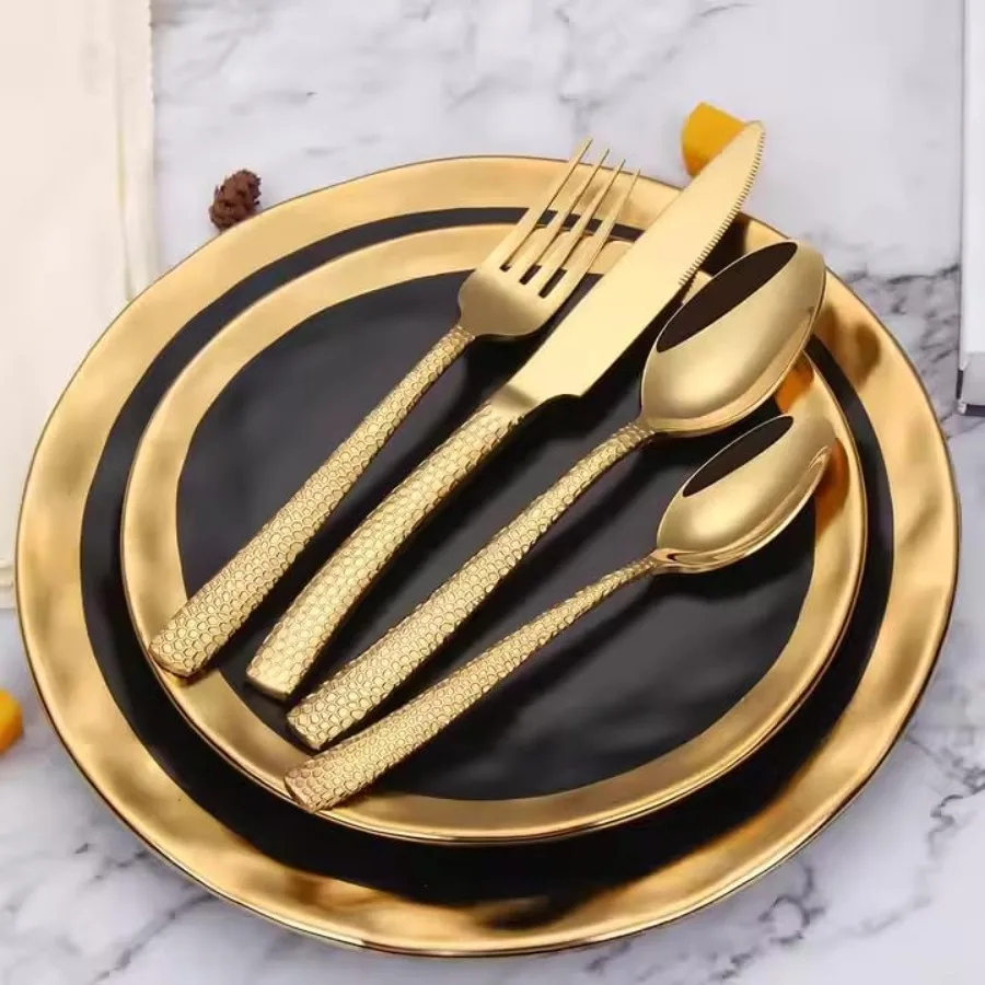 

Luxury 24 Pieces Flatware Set Hammered Cutlery Set Premium 304 Stainless Steel Silverware Knives Forks Spoons Tableware Set Ser