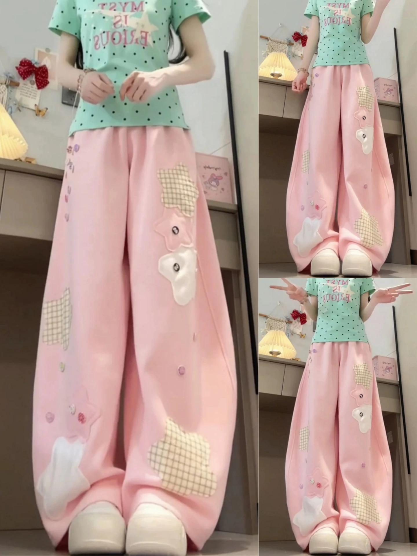 

American Style Loose Fit Sweatpants with Five Point Star Patchwork Contrast Color Dance Sporty Wide Leg Pants Casual