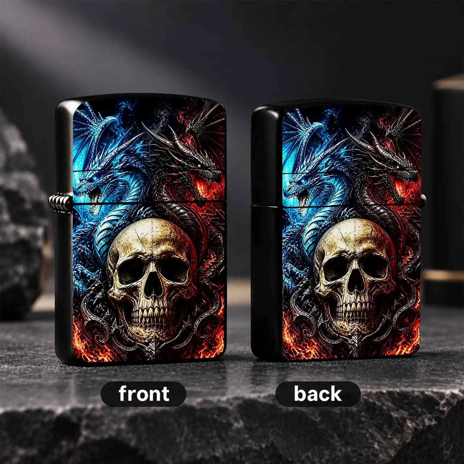 Vintage Skull Lighter with Icy Blue and Blazing Red Dual Dragons Pattern, Stylish Dark Aesthetic Collectible, Perfect for Daily Use Outdoor Gathering Gifting, Unique Edgy Decor Accessory for Fantasy Dragon Enthusiasts A Humorous And Interes