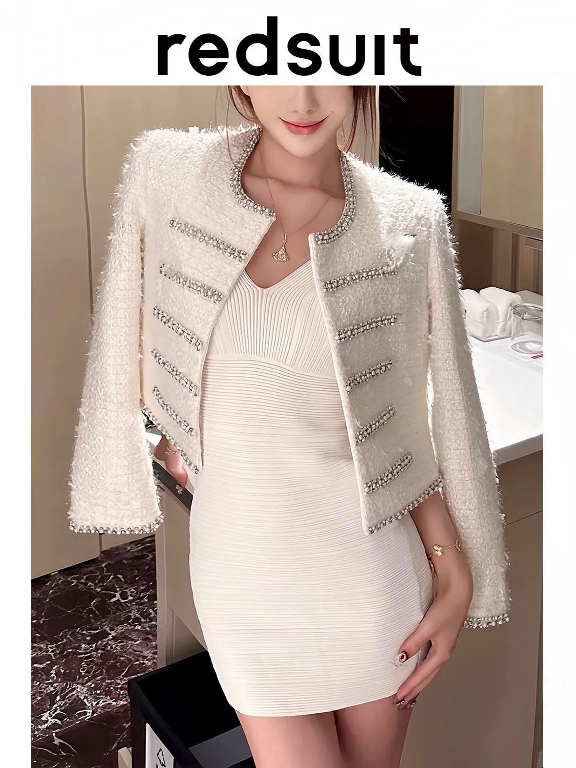 New High quality handmade rhinestone nail bead jacket, exquisite age reducing white top for women Custom size