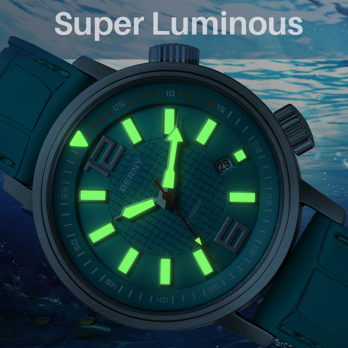 BERNY Automatic Diver Men Watch Fluororubber Strap 20ATM Super Luminous Sapphire Top Quality Miyota 8215 Diving Sport Wristwatch