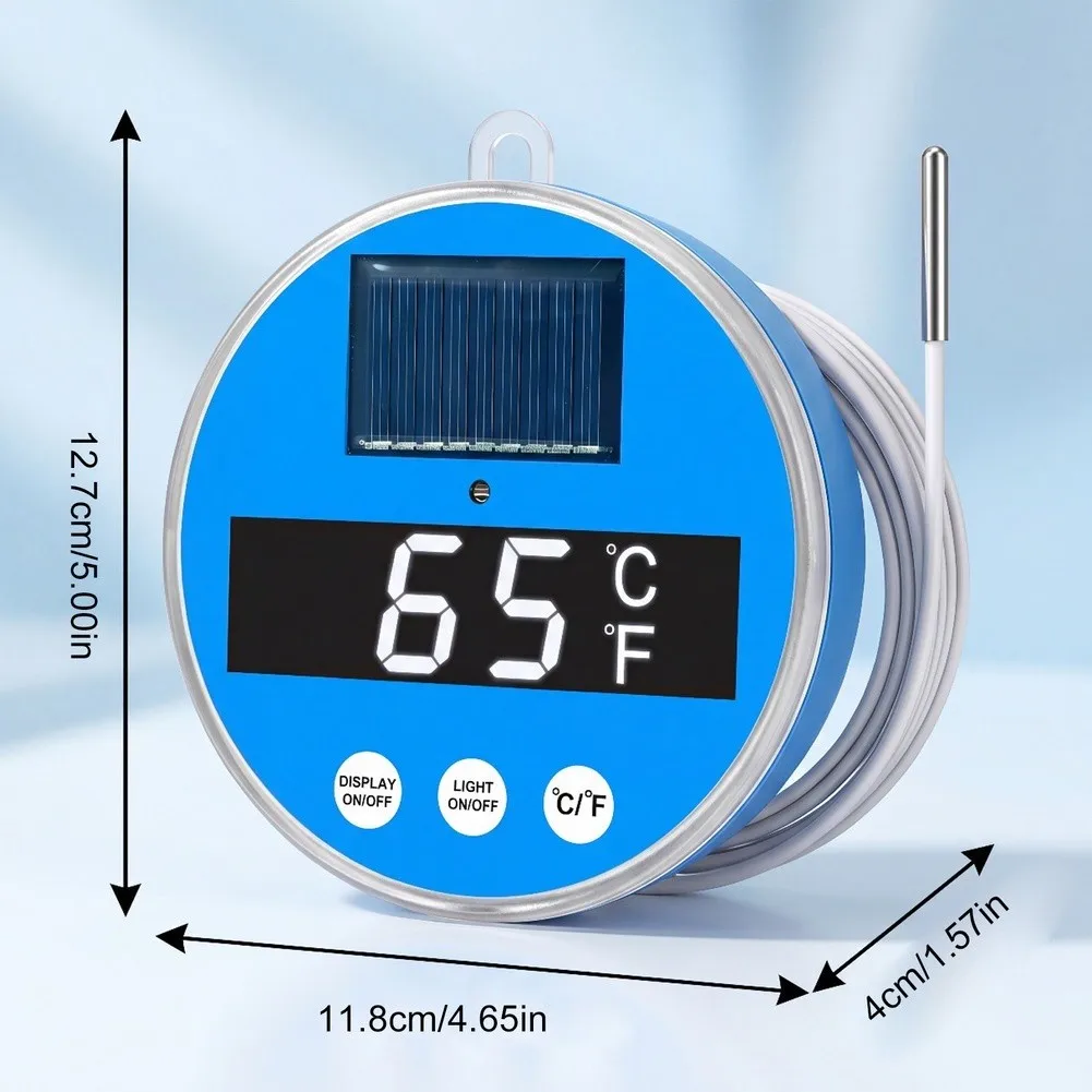 LED Illuminated Solar Pool Thermometer with Blue Indicator Light at 40C for Swimming Pools Fish Tanks and Spas