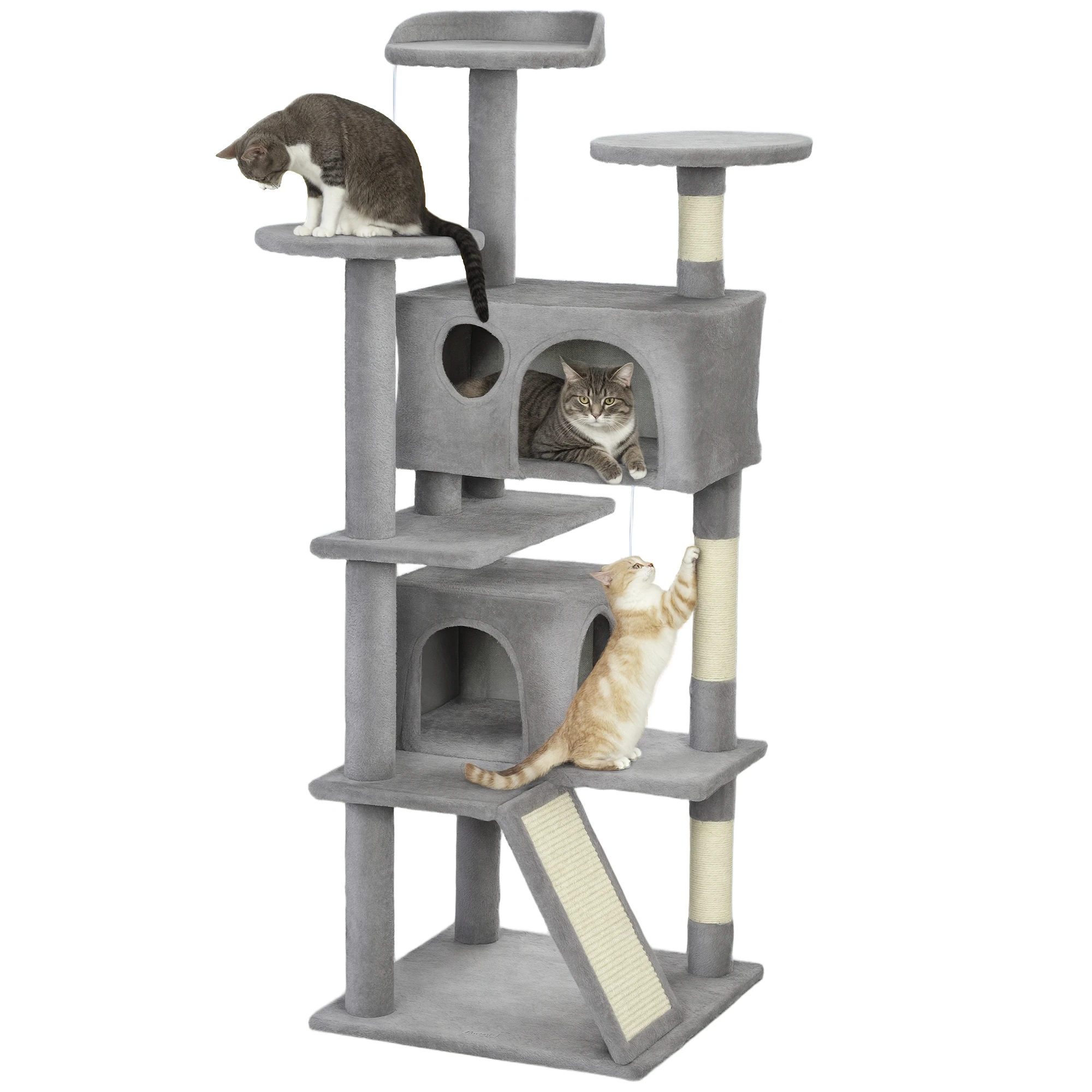 Arbre à chat hauteur 138 cm, tour de jeu pour chat avec poteau à gratter, plateforme, 2 niches, gris clair, jouets pour chat, structure d'escalade pour chat