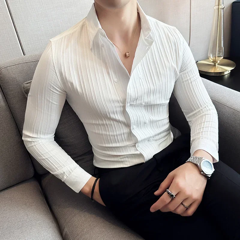 Plus Size 4XL-M Autumn New Double Breasted Long Sleeve Striped Shirts For Men Clothing 2023 Business Formal Wear Office Blouses