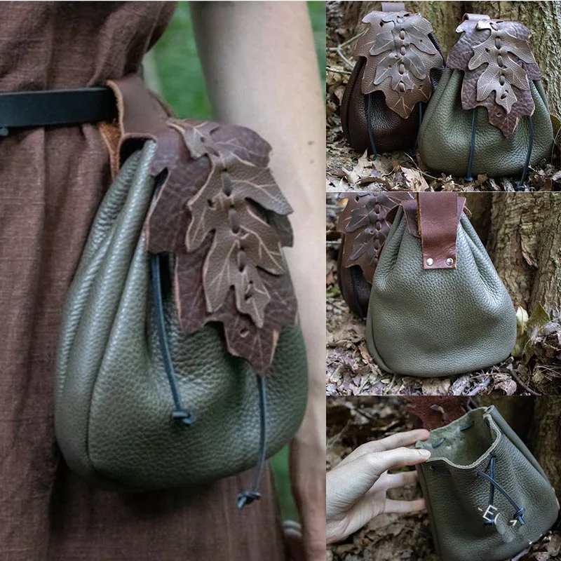 Bolsa Europeia Medieval Cinto para Mulheres, Padrão Folha de Couro, Pixie Elf, Bolsas de Bolso Vintage, Acessório Traje