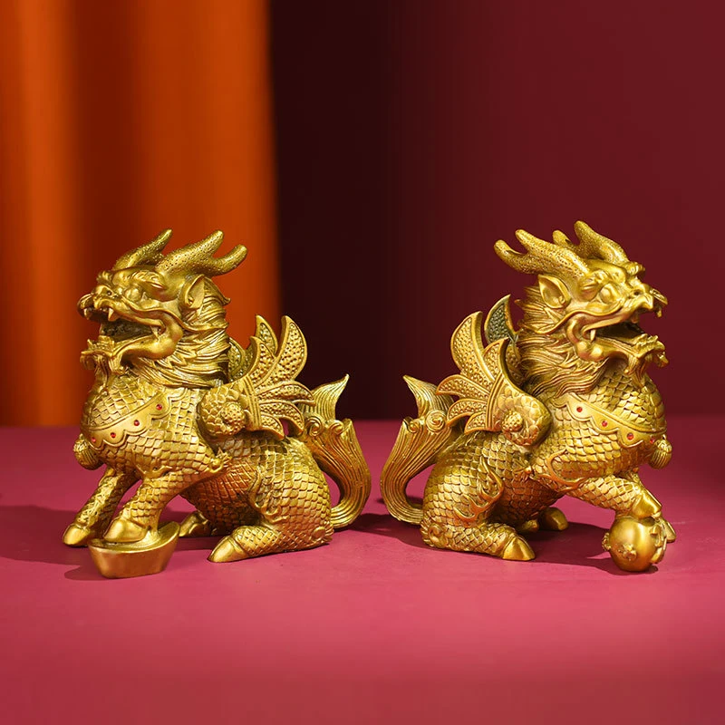A Pair Of Copper Ornaments, Male And Female Qilin With Eight Trigrams, Decorative Crafts For The Entrance Hall, Office