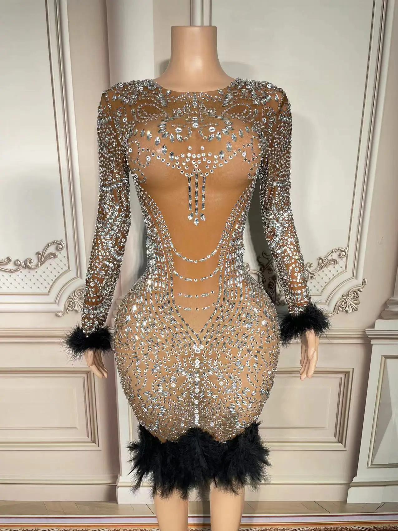 Diamond Dress Show girl costume Party Outfit Silver Crystals Black Feather Evening Birthday Celebrate Dress Stretch Outfit
